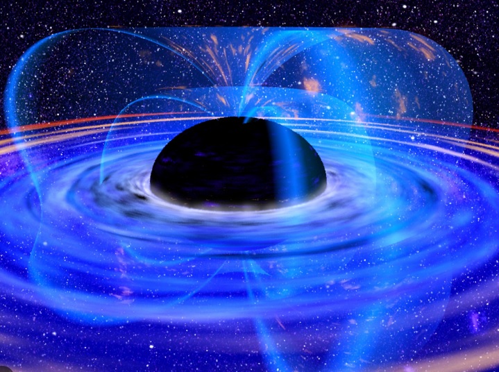 U krugovima plave svetlosti u centru stoji crna kugla koja emituje plave snopove svetlosti dok se u pozadini vidi zvezdano nebo