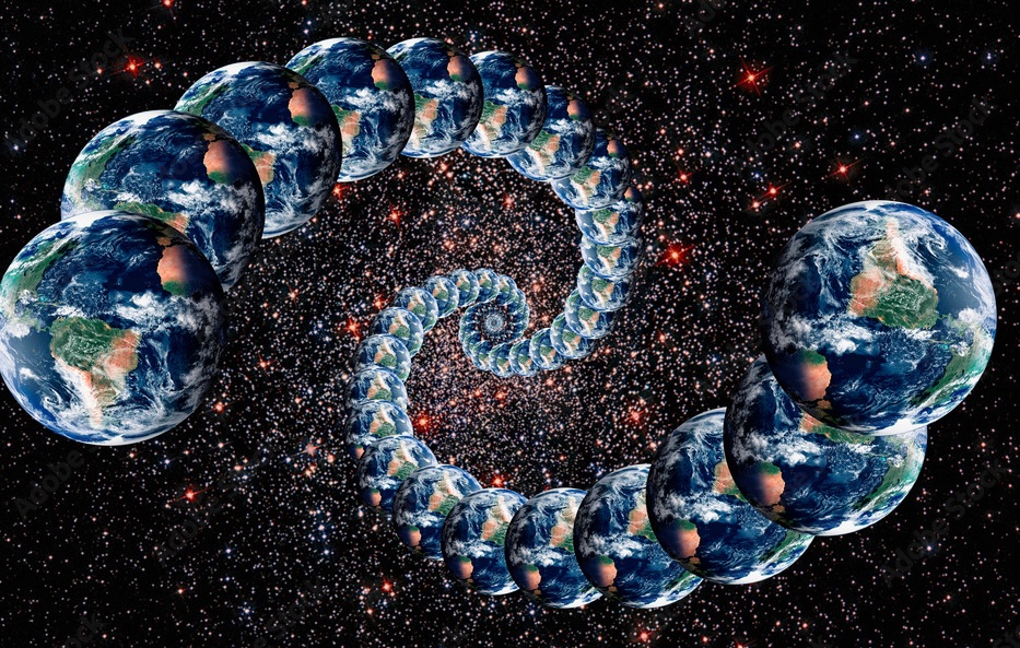Ogroman broj sfera Zemlje poredjanih u obliku spirale na zvezdanom nebu
