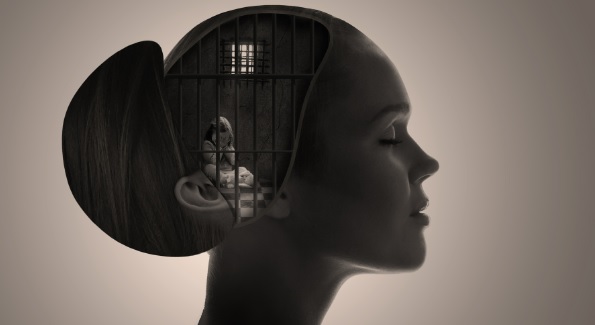 Profil mlade zene sa pundjom u cijoj kosi je slika deteta iza resetaka i prozor sa resetkama
