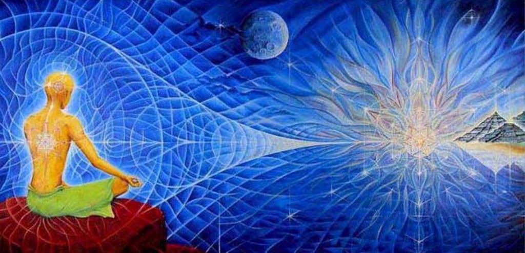 Crtez coveka koji sedi na crvenom jastuku i meditira u "moru" energije obojene plavo i u blizini male sfere Zemlje