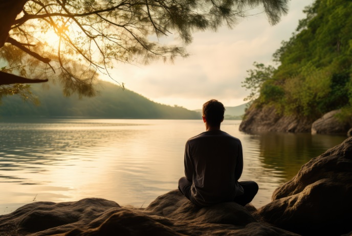 Ispod olistale grane na steni sedi covek koji meditira ispred mirne reke okruzene planinama