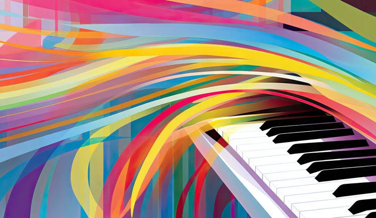 Deo klavira sa tipkama iznad kojih je mnostvo sirokih linija vrlo zivopisnih boja