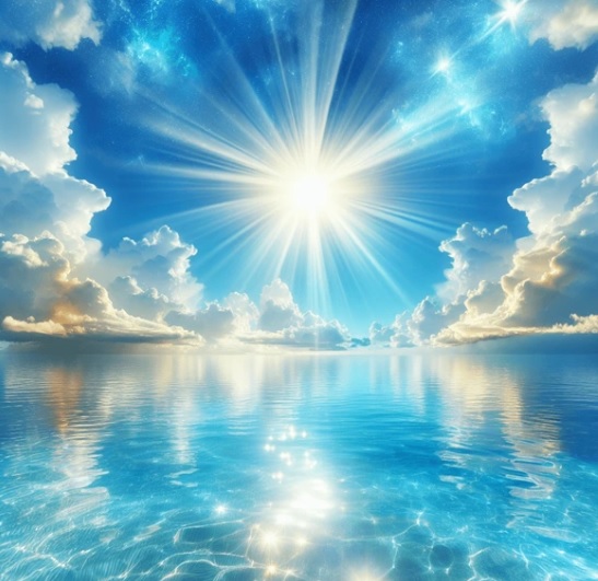 Bljestavo belo sunce na plavom nebu koje se odslikava u vodi