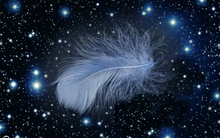 Belo pticje pero lebdi medju mnostvom malih i velikih zvezda