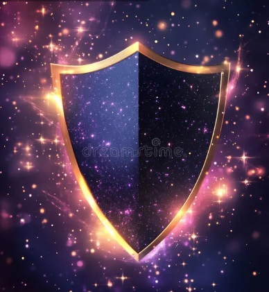 Na zvezdanom nebu lebdi crni stit oivicen zlatnom bojom