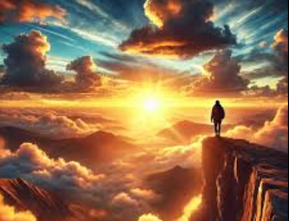 Na vrhu litice slika figure coveka koji koji gleda u oblake ispod sebe i izlazece sunce