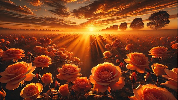 Sunce koje se radja iza oblaka obasijava polje ruza drvece