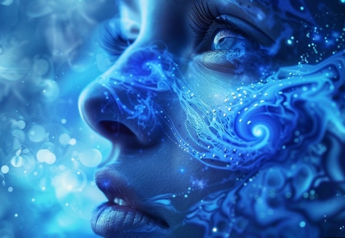 Kovitlaci plave svetlosti na licu devojke slikane iz profila