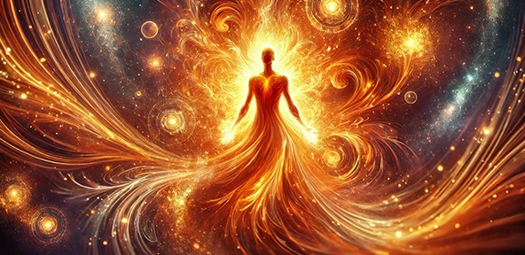 Obrisi ljudskog tela iz kog se sire snopovi narandzaste svetlosti