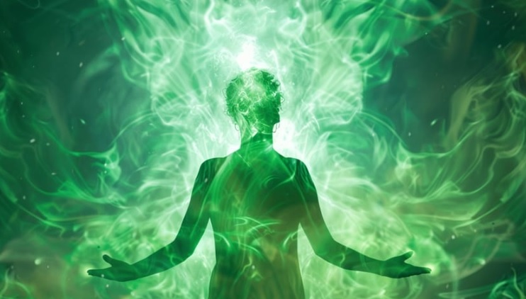 Tamni obris gornjeg dela ljudskog tela okruzen zelenom aurom