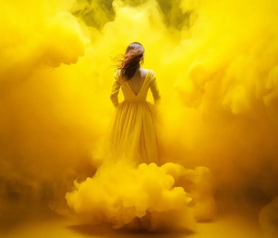 Devojka u zutoj haljini stoji u zutom oblaku i gleda u blistavu zutu svetlost