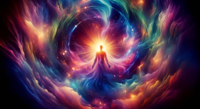 Tamna figura covek usred raznobojnih talasa svetlosti