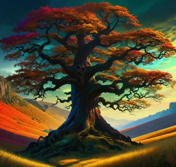 Izmedju dva brdasca stoji mocno razgranato drvo crvenkastih zbunastih krosnji