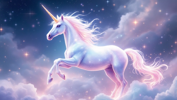 Beli jednorog u pokretu okruzen sivobelim oblacima