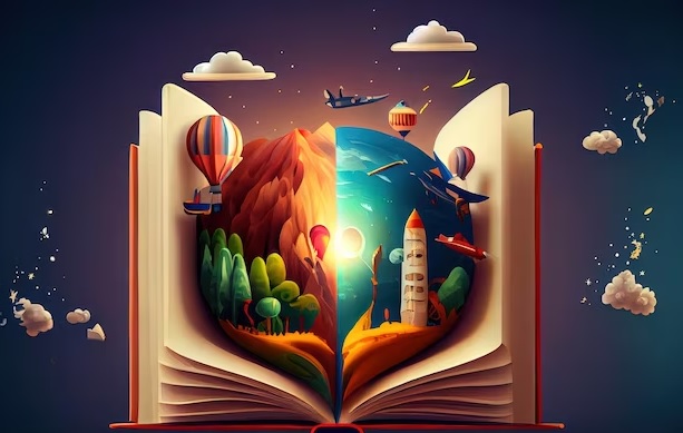 Izmedju listova otvorene knjige slika Zemlje, balona kule, oblaka