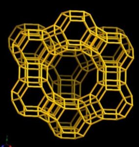 Na crnoj podlozi crtez strukture zeolita u zutoj boji