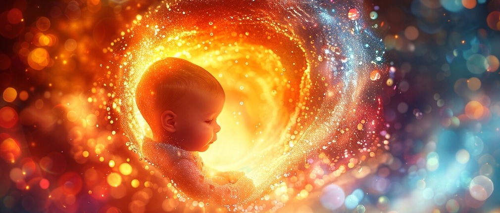 U sredistu spirale blistave zute svetlosti slika profila bebe