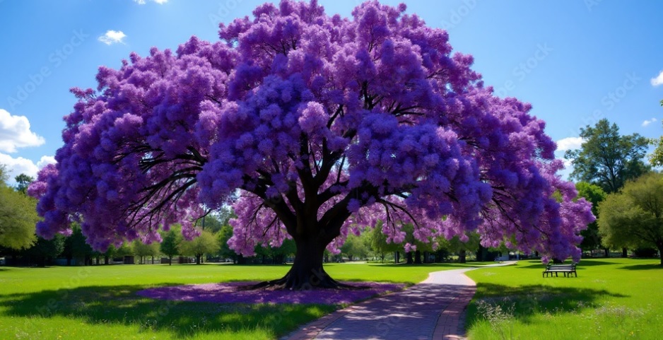 Razgranato drvo ljubicaste krosnje usamljeno stoji na zelenom travniku