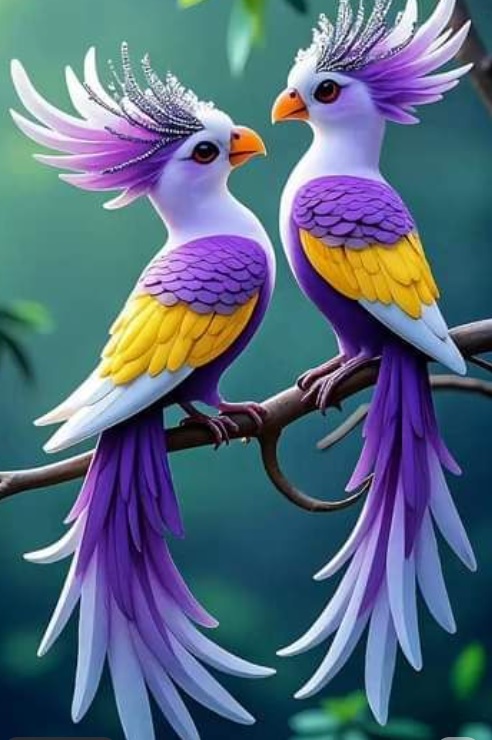 Na suvoj grani stoje dve ptice sa perjem u nijansama ljubičaste i malo zute