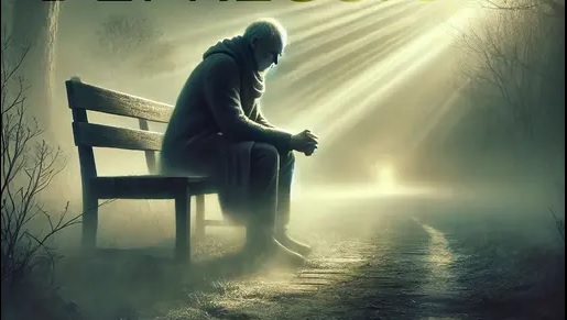 Zabrinut covek sedi na klupi u magli kroz koji se probijaju zraci sunca