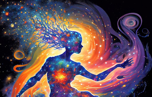 Bljestava svetlost u grudima zene zvezdanog tela okruzenog zivopisnom svetloscu