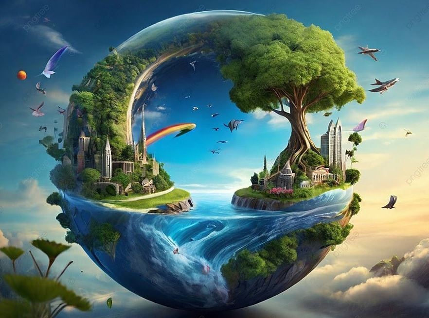 Medju oblacima i pticama lebdi kugla do polovine u vodi iznad drvo mahovina i siljaste zgrade