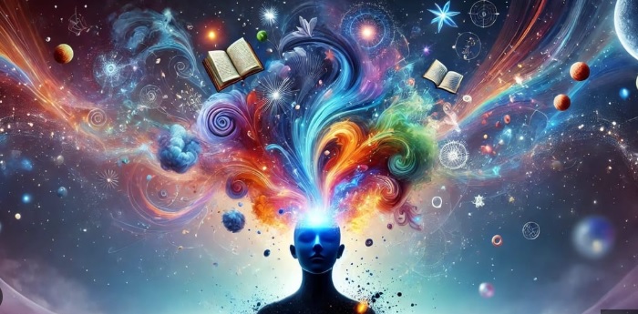 Iznad tamno obojene glave coveka sire se talasi raznobojne svetlosti ispunjene otvorenim knjigama i malim sferama