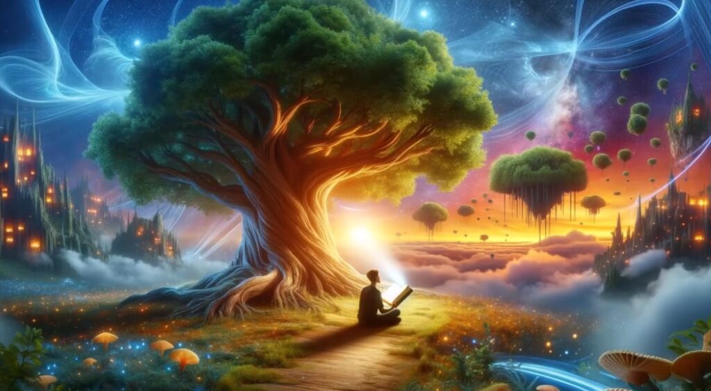 Svetlost pada na knjigu u rukama coveka koji sedi kraj ogromnog drveta zelene krošnje i zivopisnom svetloscu i visecim travnatim komadima