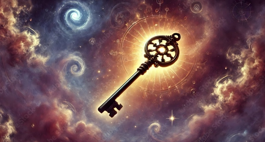 Starinski ključ okruzen svetloscu lezi medju vrtloznim oblacima