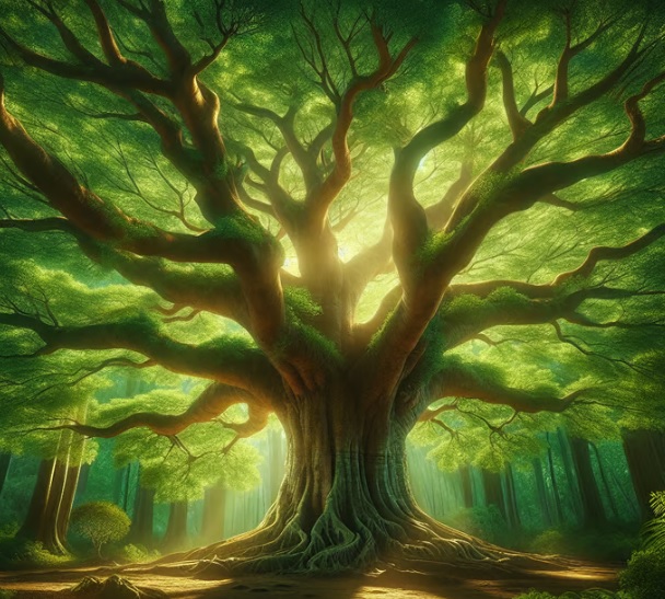 Sunce se probija kroz razgranatu krošnju mocnog drveta u zelenoj sumi