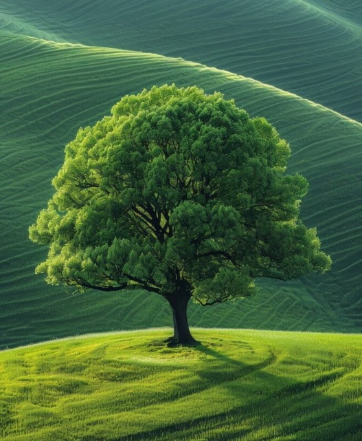 Zeleno drvo bujne krošnje raste na svetlozelenom travniku uz valoviti tamnozeleni travnik