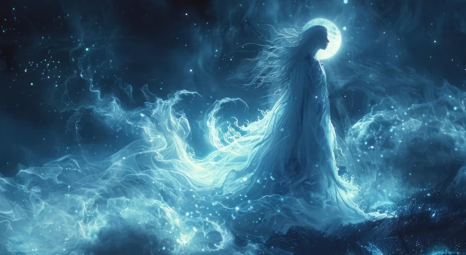 Zenska figura na uzburkanim talasima ispod nocnog neba i punog meseca