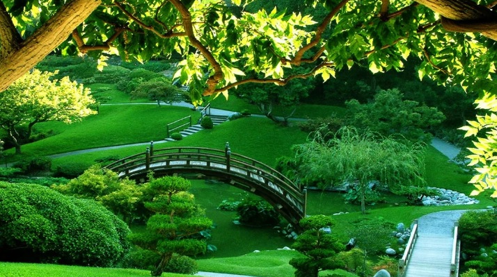 Osunčan zeleni park sa mosticem i i uskom betonskom stazom