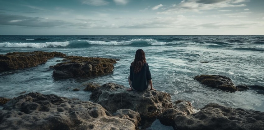 Devojka sedi na kamenu u plićaku i gleda valovito more