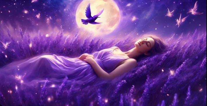 Zena u ljubicastoj haljini spava u polju ljubicastog cveca koje prelece ptica