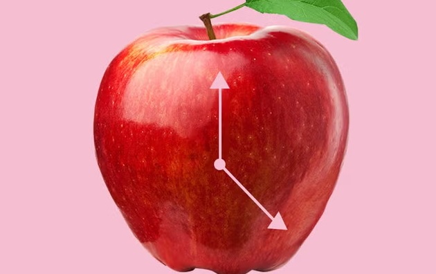 Bele kazaljke nacrtane na crvenoj jabuci sa peteljkom i zelenim listom