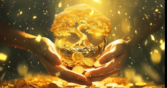 Drvo novca i zlatnici stoje na ljudskim rukama koje seprstima dodiruju