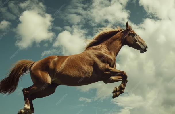 Ridji konj u skoku okruzen belim oblacima i nebom