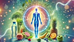 Figura coveka ispred krugova svetlosti okruzena vocem sjajnim sferama vodom u flasi