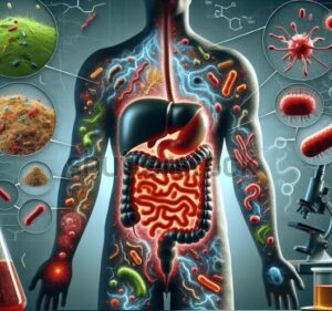 Slika ljudskog trupa sa unutrasnjim organima okruzeno virusima