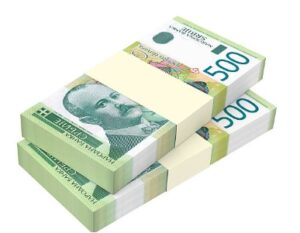 Dva sveznja po petsto srbskih dinara omotana krem trakom leze jedan na drugom