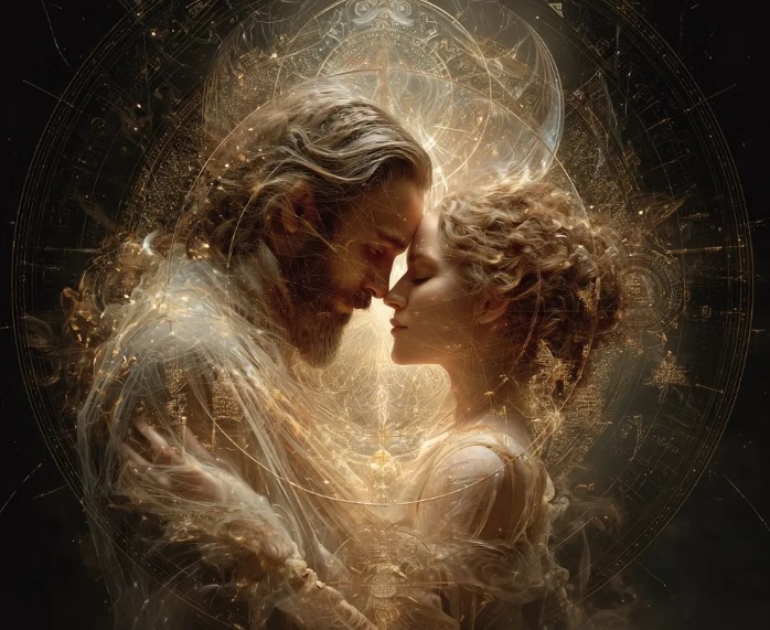 Dugokosi muskarac i zena podignute kose u zagrljaju okruzeni svetloscu